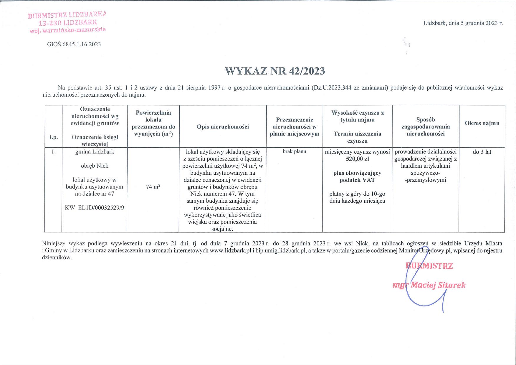 Wykaz Nr 42/2023 - Nieruchomość lokalowa - Nick